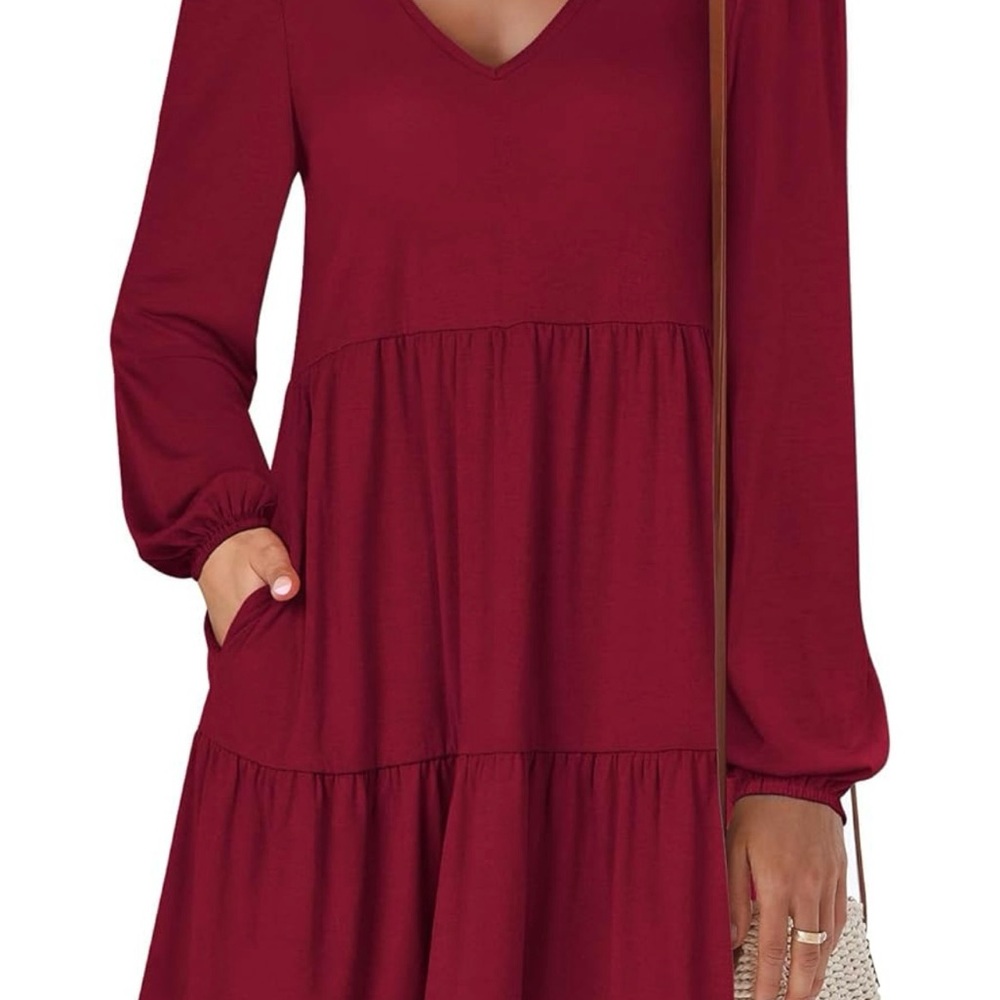 Red Long Sleeve V-Neck Casual Dress